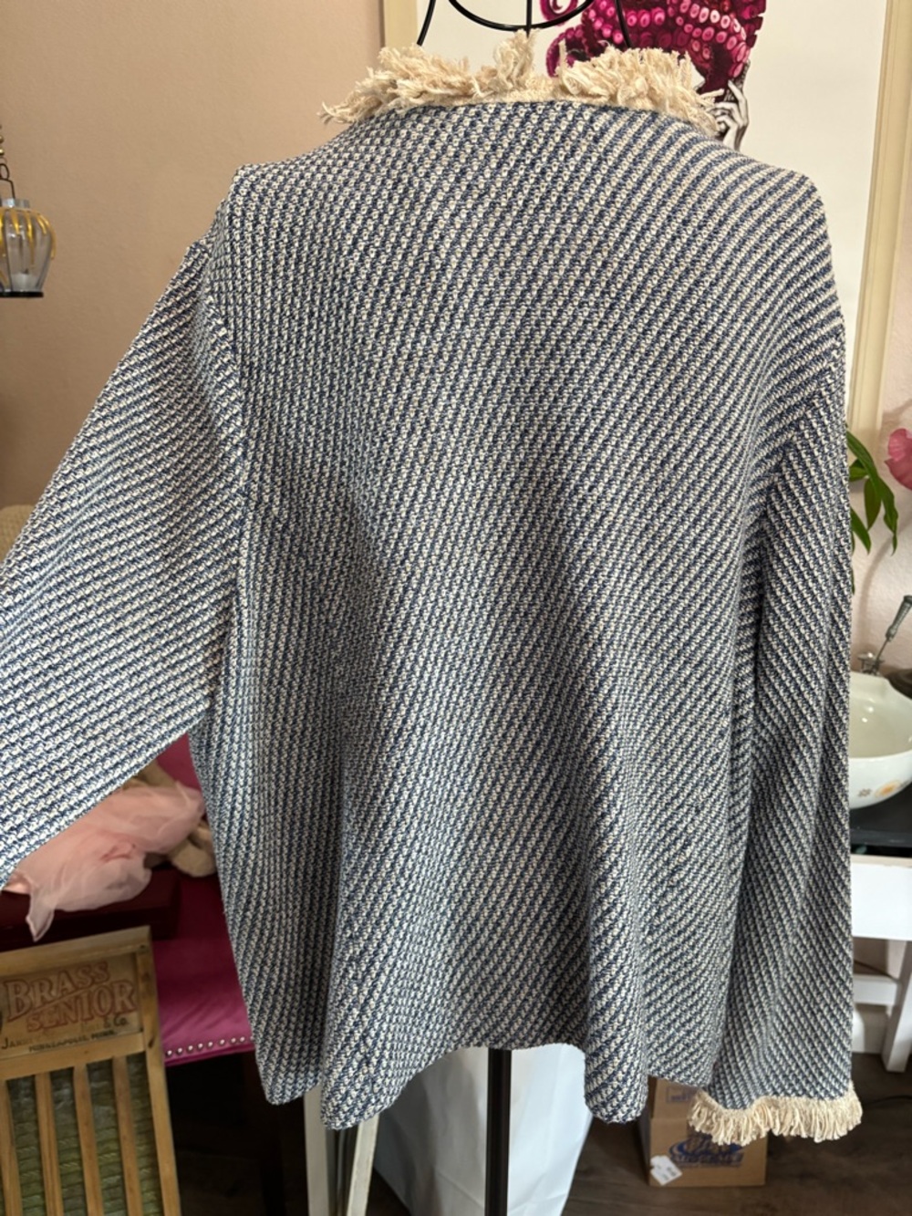 NIC+ZOE Navy and Cream Fringe Trim Open Cardigan - Picture 5 of 10